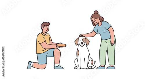 Young man and woman playing with dog and throwing frisbee outdoors  