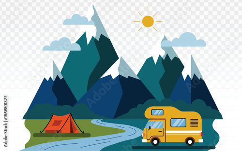 Flat vector illustration of a mountain landscape with a camper van, orange tent, and winding river. This modern outdoor adventure design is perfect for travel blogs and camping promotions.