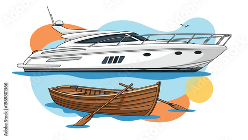 Modern luxury white yacht and traditional small wooden rowboat floating on calm blue water with colorful abstract shapes in background.