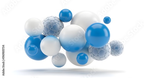Abstract 3D Floating Spheres in Blue and White – Molecular Biology, Healthy Cells and Biomedical Concept Isolated on White Background