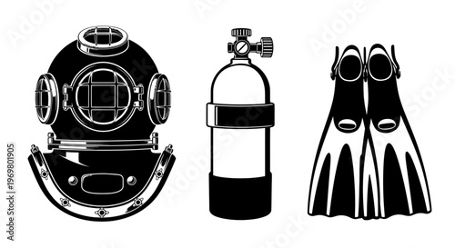 Diving gear including helmet, tank, and fins in black and white  