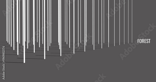 Tree trunks in a forest. Grove. Black and white. Natural background. Wooded area. Multiple ordered vertical lines in spatial perspective. Shadows from columns. Vector for cover, interior design, etc.