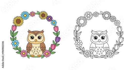 Cute Cartoon Owl in Floral Wreath Illustration with Line Art Version for Coloring Book, Kids Educational Activity Page Vector, Floral Frame with Owl Character