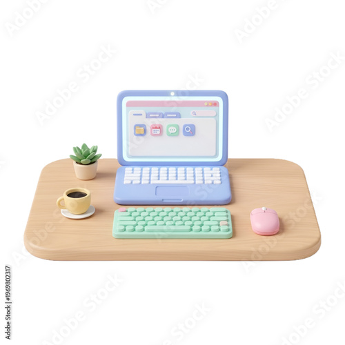 Pastel 3D Workspace with Laptop, Keyboard, Coffee and Plant Minimal Desk Setup