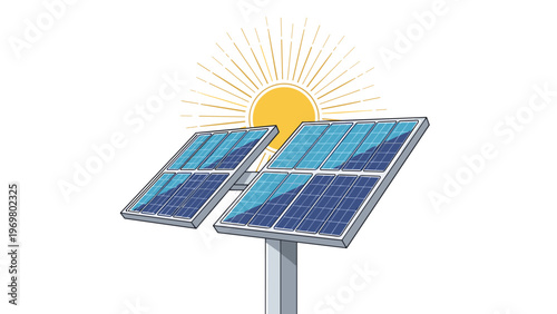 Pair of modern solar panels tilted towards bright yellow sun with radiating rays representing renewable clean energy sources.