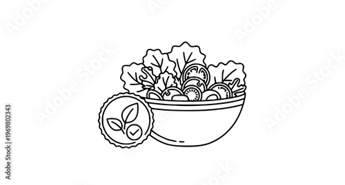 A simple line art illustration of a bowl filled with salad greens and vegetables