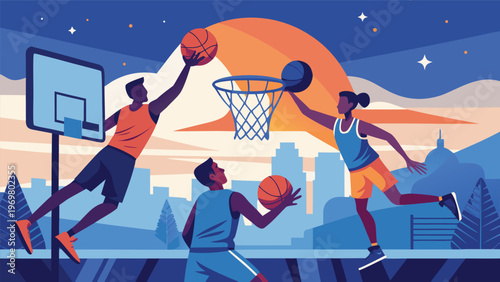 A stylized digital illustration of a basketball game featuring three players in action, with one player jumping for a dunk against a warm sunset and mountain landscape background
