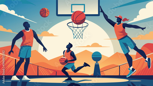 A stylized digital illustration of a basketball game featuring three players in action, with one player jumping for a dunk against a warm sunset and mountain landscape background