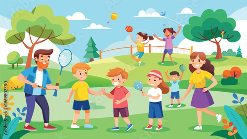A vibrant flat-art digital illustration of a family and children enjoying various activities like soccer, tennis, and golf in a lush green park on a sunny day with white clouds