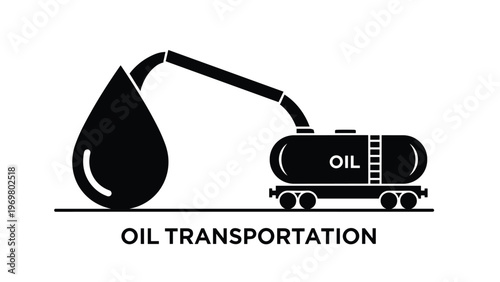 Black silhouette of oil transportation tanker truck on trailer being filled from large oil drop representing fossil fuel industry.