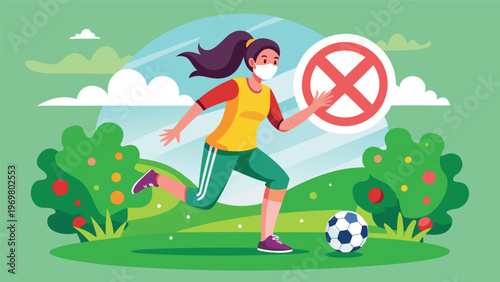 A vibrant flat-art digital illustration of a young woman in athletic gear playing soccer in a lush green park, featuring a prominent red prohibition sign in the background
