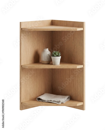 Modern light wood corner shelf unit for stylish home organization and minimalist interior decor, perfect for displaying small decorative items and plants