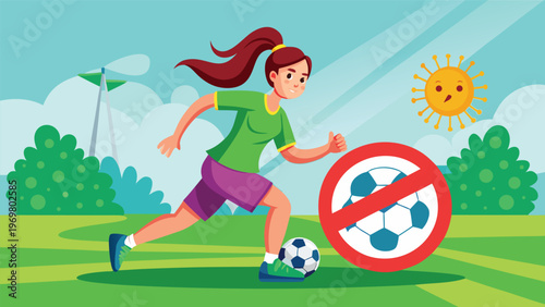 A vibrant flat-art digital illustration of a young woman in athletic gear playing soccer in a lush green park, featuring a prominent red prohibition sign in the background
