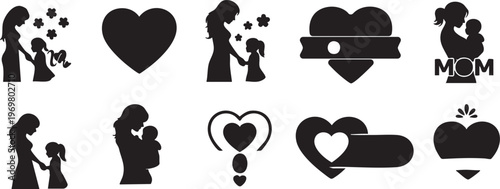 Motherhood and Love Silhouette Icons Collection Set