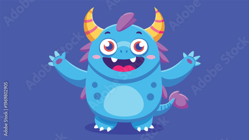 A delightful and friendly digital illustration of a round blue monster with yellow horns and purple spikes, posing happily with open arms against a solid deep blue background
