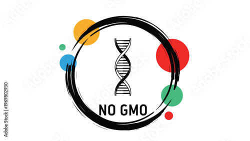 Symbol for non-genetically modified organisms featuring a dna helix icon inside a circle with the text no gmo.