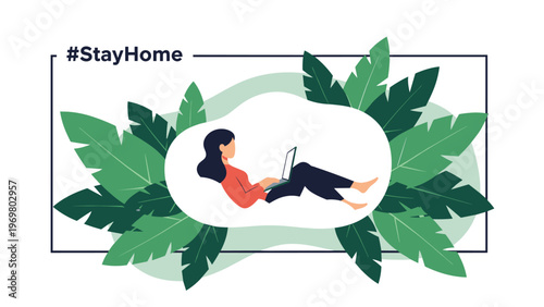 Illustration of a woman working from home on a laptop while relaxing among tropical leaves with stayhome hashtag.