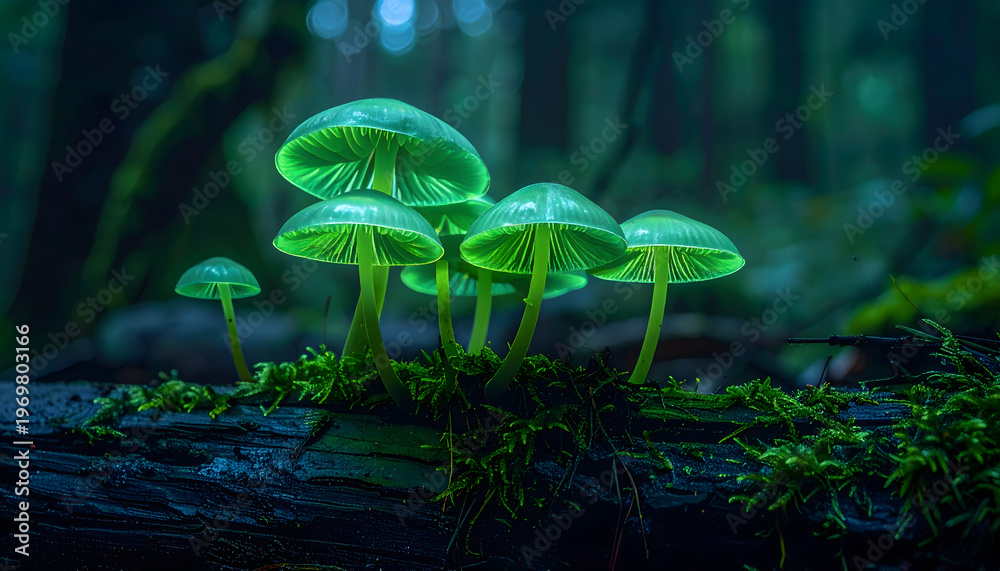Fototapeta premium Captivating Bioluminescent Mushrooms Illuminating a Dark, Moss-Covered Log in an Enchanted Forest, Casting an Ethereal Green Glow and Creating a Magical Woodland Ambiance