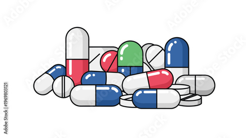 Diverse collection of colorful pills and capsules piled together represents medicine pharmacy and healthcare industries.