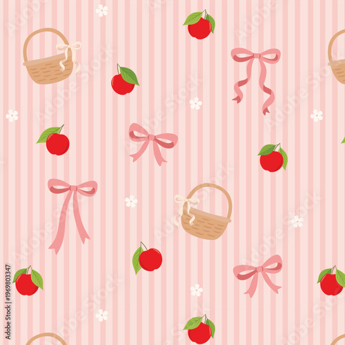 Cute Strawberry Pattern with Bows Baskets and Pink Stripes Coquette Cottagecore Design for Textile Wallpaper Wrapping Paper and Nursery Decor