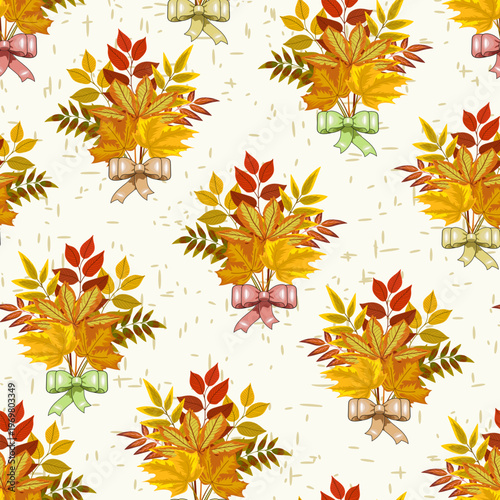 Bouquets of autumn leaves with colorful bows.Vector pattern of autumn leaves with bows on a colored background.