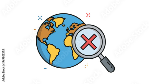 Icon of a world globe and a magnifying glass with a red cross symbol suggests search failure or restricted location.