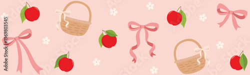 Cute Apple Picking Pattern with Baskets and Bows Cottagecore Orchard Design for Textile Wallpaper Wrapping Paper and Fall Picnic Decor