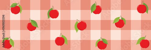 Cute Red Apple Gingham Pattern on Warm Peach Plaid Rustic Orchard Fruit Design for Kitchen Textile Wallpaper and Wrapping Paper