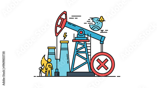 Complex illustration showing an oil pump jack with industrial structures and a prohibition sign for energy transition.
