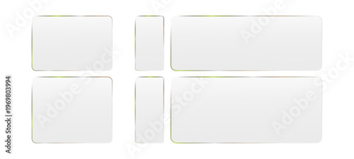 Rectangular glossy glass button with smooth rounded corners on dark background. set of blank note papers