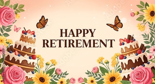 Happy retirement wishes beautiful cake with flowers and butterflies celebration