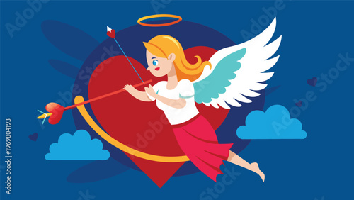 a blonde female Cupid with wings and a halo, joyfully aiming a bow and arrow amidst floating red hearts and blue clouds on a vibrant magenta background