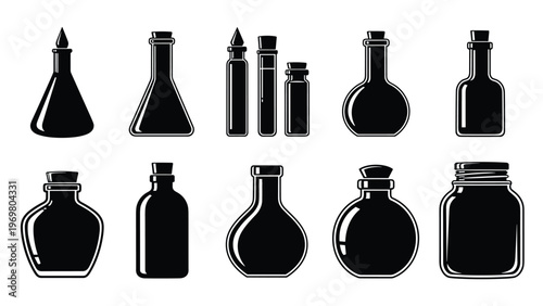 Set of ten diverse black silhouettes of chemical flasks and medicinal bottles in various shapes for scientific themes.