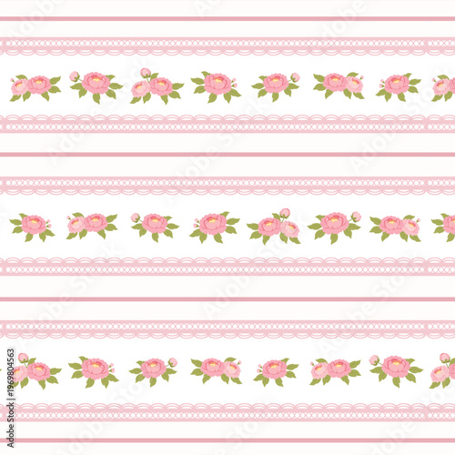 Romantic Peony Lace Stripe Pattern on Soft Pink Background Shabby Chic Floral Design for Textile Wallpaper and Wrapping Paper