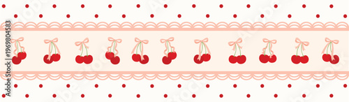Cute Cherry Lace Border Pattern on Soft Pink Background Romantic Coquette Fruit Design for Textile Wrapping Paper Stationery and Wallpaper
