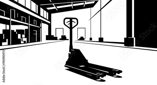 Pallet jack positioned in a modern warehouse with shelves in view  