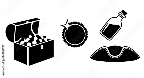 Treasure chest with coins, potion bottle, and treasure map illustration  