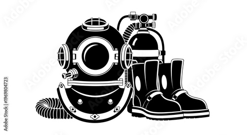 Vintage diving helmet and boots with air supply system  