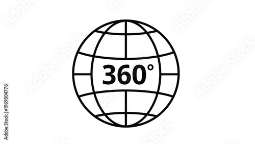 Simple line icon of a globe with a 360-degree text overlay representing panoramic views or global reach on white background.