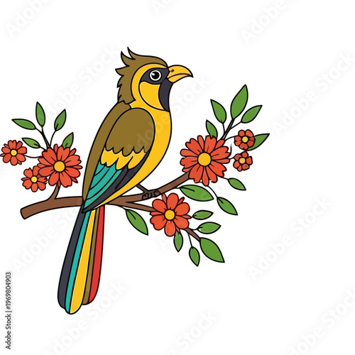 Sinhala and Tamil New Year Traditional Bird Illustration, Colorful Stylized Avurudu Festival Motif on Branch with Flowers, Sri Lankan Cultural Art