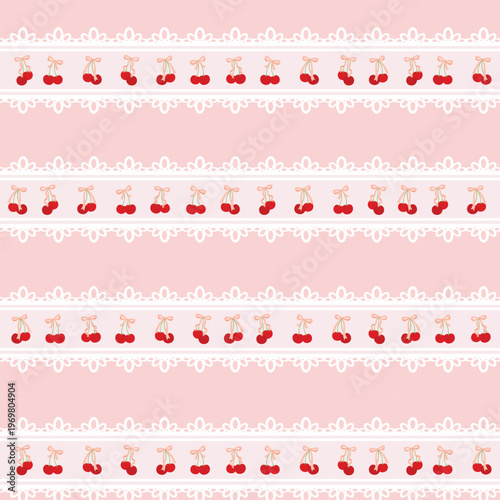 Cute Cherry Lace Stripe Pattern on Pink Background Romantic Coquette Fruit Design for Textile Wallpaper and Wrapping Paper