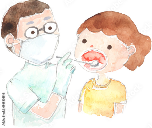 歯の健診を受ける子どもの水彩イラスト