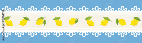 Mediterranean Lemon Decorative Border with Blue Lace Ornament Coastal Kitchen Tile Style Design for Packaging Wallpaper and Textile