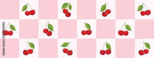 Soft Pink Cherry Checkerboard Pattern Cute Pastel Fruit Design for Nursery Textile Wallpaper and Sweet Wrapping Paper