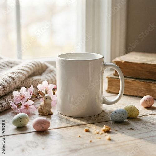 White ceramic cup on minimalist light background