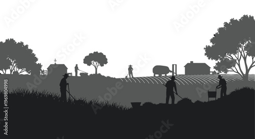 Farm Landscape Silhouette Vector - Rural Workers and Countryside Scene