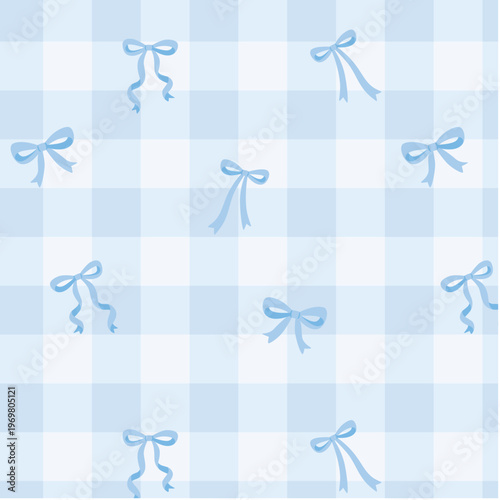 Cute Blue Bow Gingham Pattern with Soft Pastel Plaid for Baby Shower Nursery Textile and Wrapping Paper Design