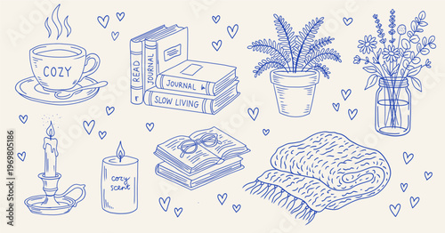 Hand drawn cozy lifestyle set, slow living objects, coffee books candles and home decor illustration doodle