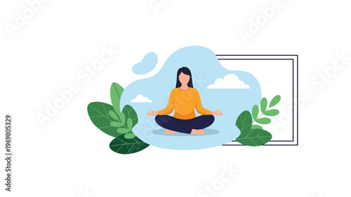 Young woman practicing meditation in a seated lotus pose surrounded by lush green leaves and a soft blue cloud background.
