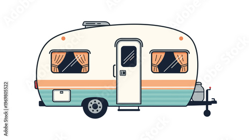 Retro style travel trailer or camper van with white orange and teal stripes for outdoor adventure and road trip concepts.